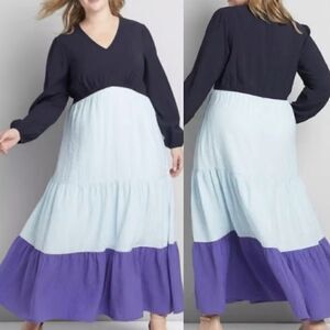 Lane Bryant Tiered Crepe Maxi Dress Blue Colorblock Long Sleeves v neck 20P